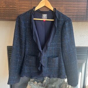 Navy and Black Metallic Plaid Blazer w/ Chiffon Ruffle Trim - Size L